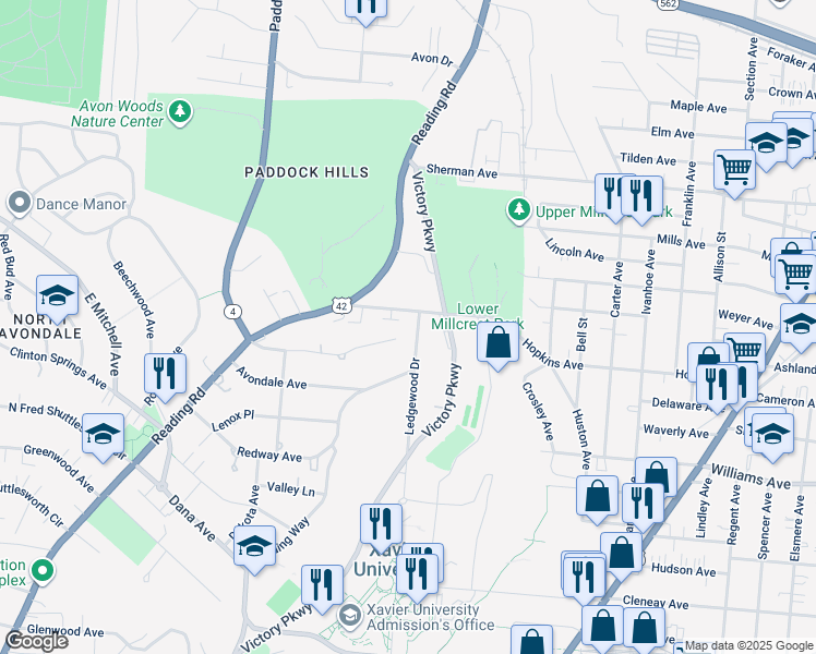 map of restaurants, bars, coffee shops, grocery stores, and more near 1825 Asmann Avenue in Cincinnati