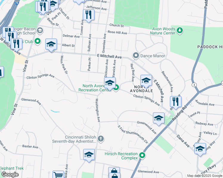 map of restaurants, bars, coffee shops, grocery stores, and more near 3916 Warwick Avenue in Cincinnati