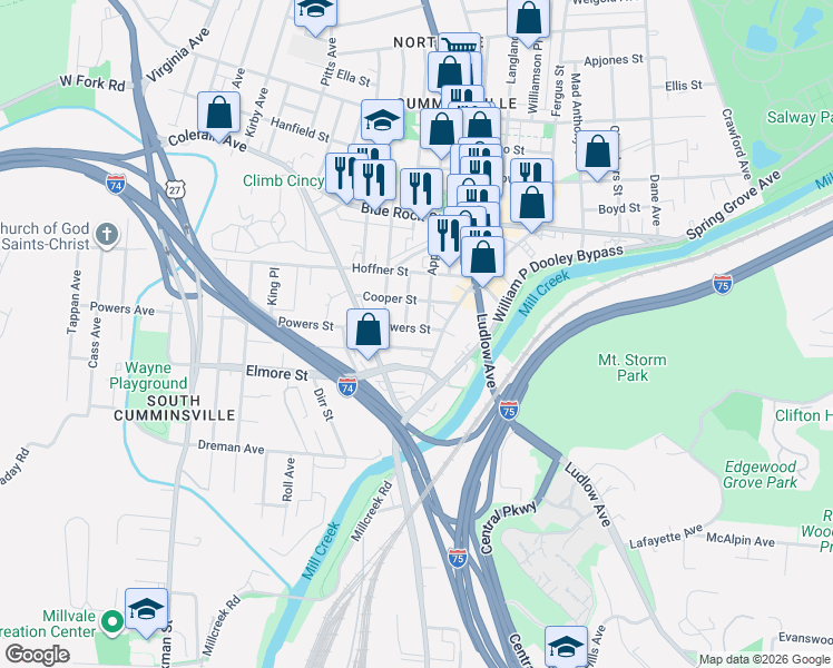 map of restaurants, bars, coffee shops, grocery stores, and more near 3911 Apple Street in Cincinnati