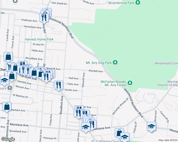 map of restaurants, bars, coffee shops, grocery stores, and more near 3715 High Point Avenue in Cincinnati