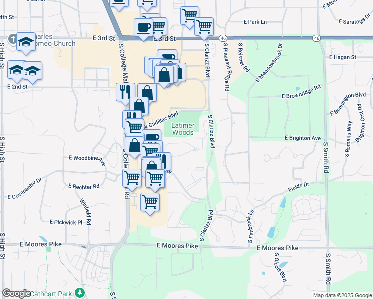 map of restaurants, bars, coffee shops, grocery stores, and more near 3115 East Stratum Way in Bloomington