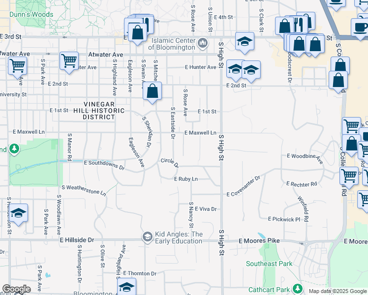 map of restaurants, bars, coffee shops, grocery stores, and more near 1802 East Maxwell Lane in Bloomington