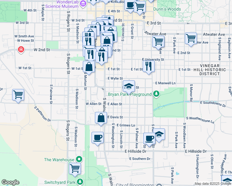 map of restaurants, bars, coffee shops, grocery stores, and more near 729 South Washington Street in Bloomington
