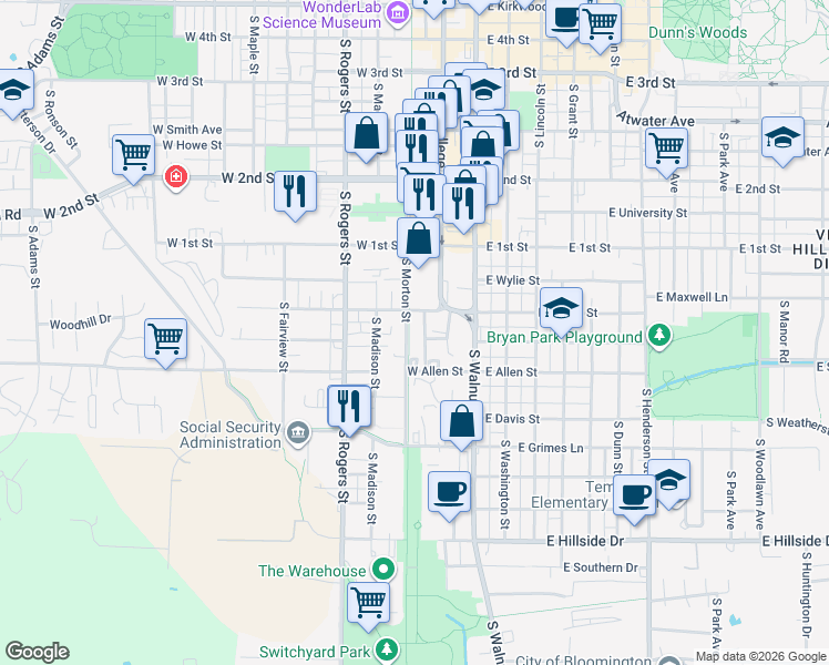 map of restaurants, bars, coffee shops, grocery stores, and more near 303 West Dodds Street in Bloomington