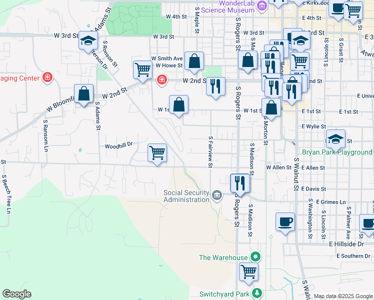 map of restaurants, bars, coffee shops, grocery stores, and more near 801 West Dodds Street in Bloomington