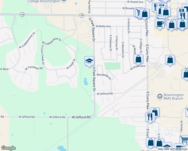 map of restaurants, bars, coffee shops, grocery stores, and more near 863 South Park Square Drive in Bloomington