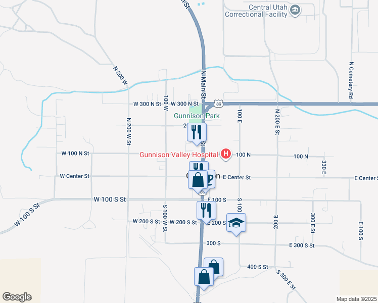 map of restaurants, bars, coffee shops, grocery stores, and more near 66 West 100 South in Gunnison