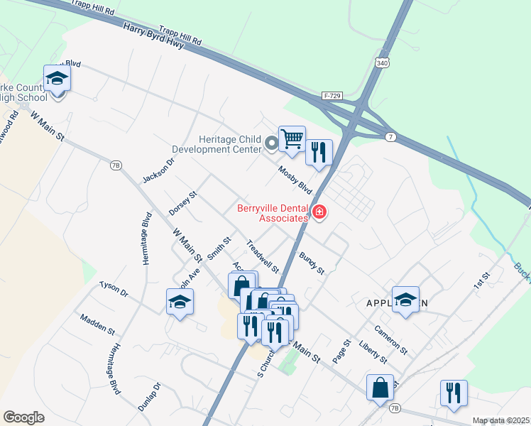 map of restaurants, bars, coffee shops, grocery stores, and more near 224 Walnut Street in Berryville