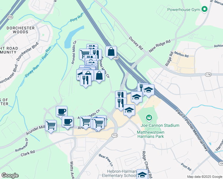 map of restaurants, bars, coffee shops, grocery stores, and more near 7000 Arundel Mills Circle in Hanover
