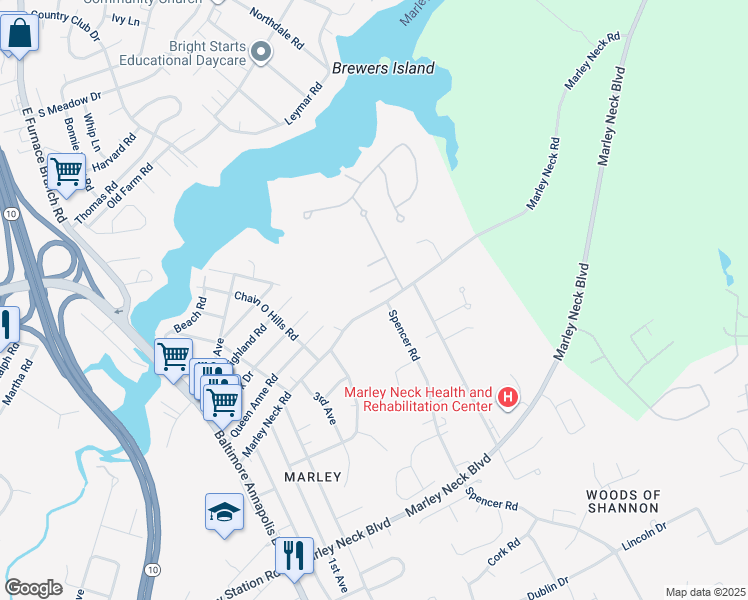 map of restaurants, bars, coffee shops, grocery stores, and more near 105 Sanderling Court in Glen Burnie