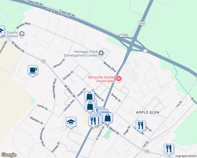 map of restaurants, bars, coffee shops, grocery stores, and more near 224 Walnut Street in Berryville