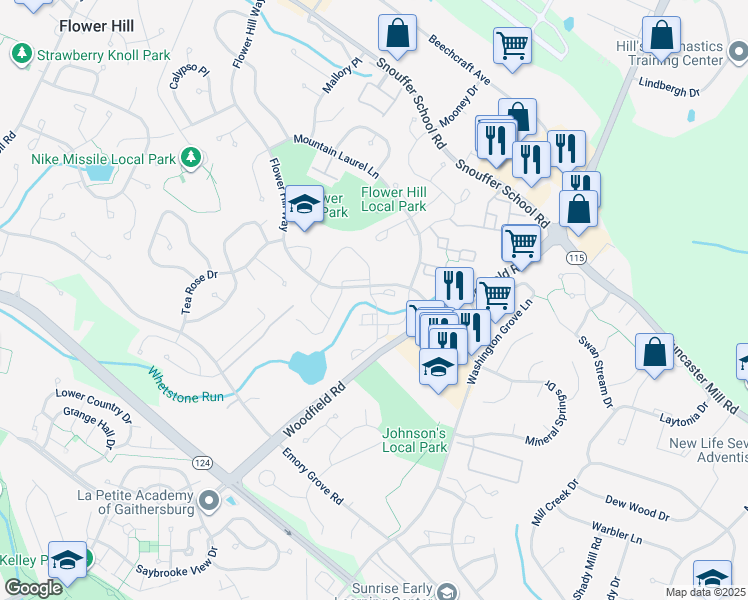 map of restaurants, bars, coffee shops, grocery stores, and more near 8208 Streamside Drive in Gaithersburg