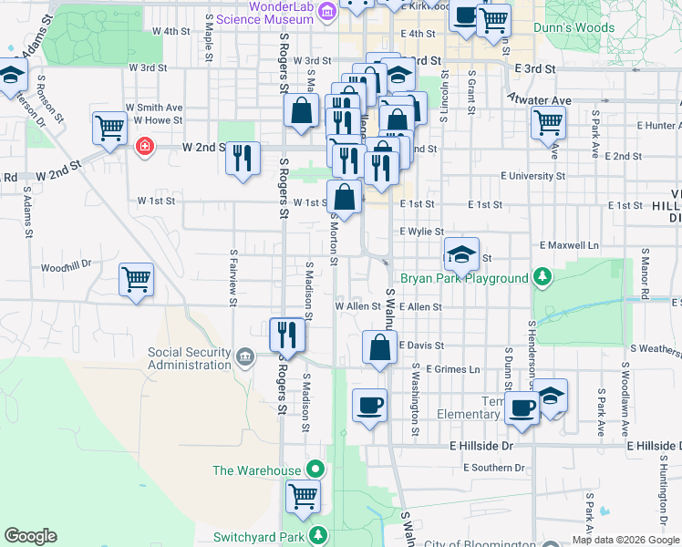 map of restaurants, bars, coffee shops, grocery stores, and more near 303 West Dodds Street in Bloomington