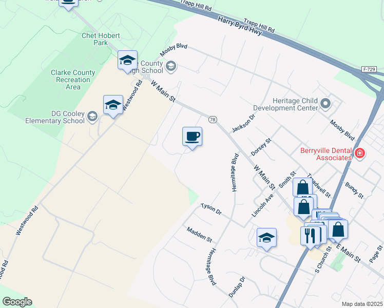 map of restaurants, bars, coffee shops, grocery stores, and more near 16 Rosemont Manor Lane in Berryville