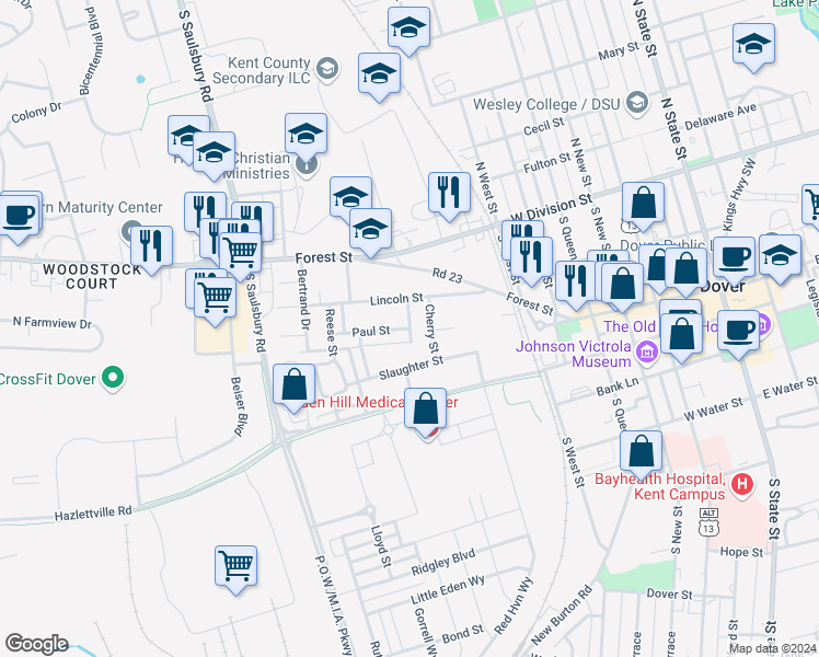 map of restaurants, bars, coffee shops, grocery stores, and more near 637 Davis Circle in Dover