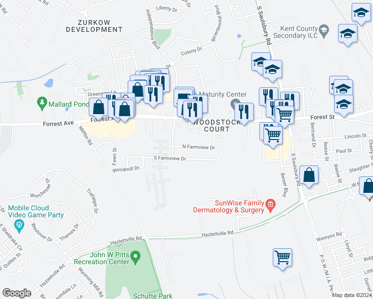 map of restaurants, bars, coffee shops, grocery stores, and more near 1256 North Farmview Drive in Dover