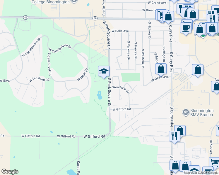 map of restaurants, bars, coffee shops, grocery stores, and more near 900 South Park Square Drive in Bloomington