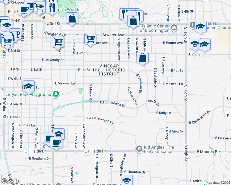 map of restaurants, bars, coffee shops, grocery stores, and more near 1218-1298 E Maxwell Ln in Bloomington