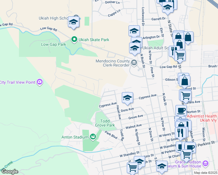 map of restaurants, bars, coffee shops, grocery stores, and more near 814 Jackson Avenue in Ukiah