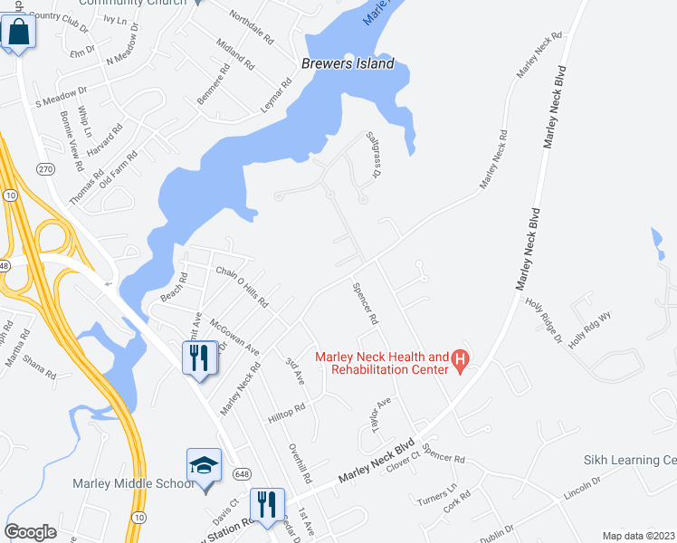 map of restaurants, bars, coffee shops, grocery stores, and more near 105 Sanderling Court in Glen Burnie