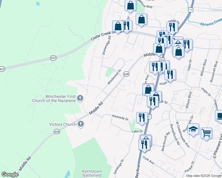 map of restaurants, bars, coffee shops, grocery stores, and more near 2645 Windwood Drive in Winchester