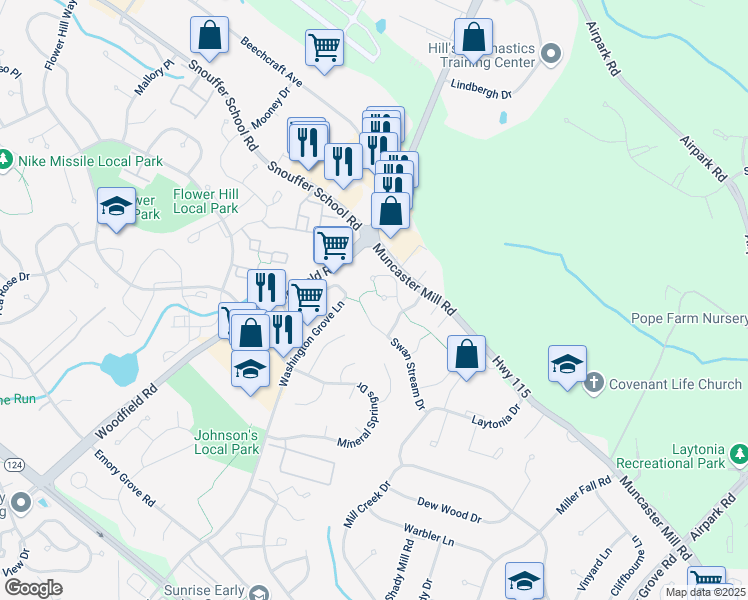 map of restaurants, bars, coffee shops, grocery stores, and more near 18327 Ivy Oak Terrace in Gaithersburg