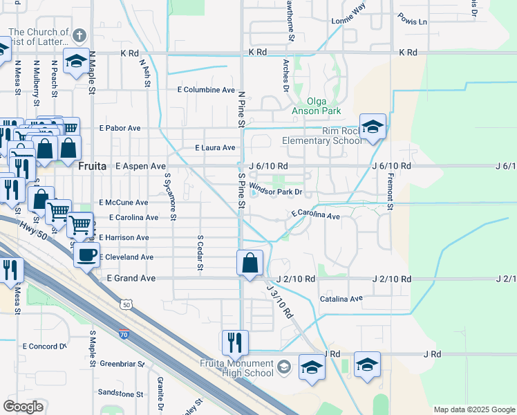 map of restaurants, bars, coffee shops, grocery stores, and more near 1152 Windsor Park Drive in Fruita