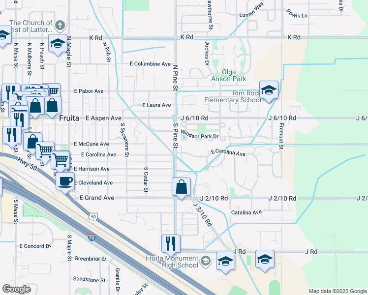 map of restaurants, bars, coffee shops, grocery stores, and more near 1152 Windsor Park Drive in Fruita