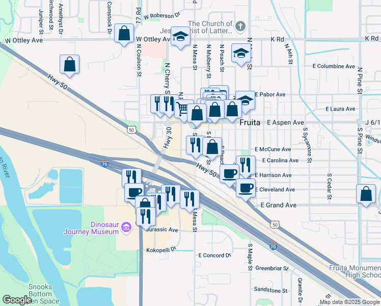 map of restaurants, bars, coffee shops, grocery stores, and more near 166 South Mesa Street in Fruita