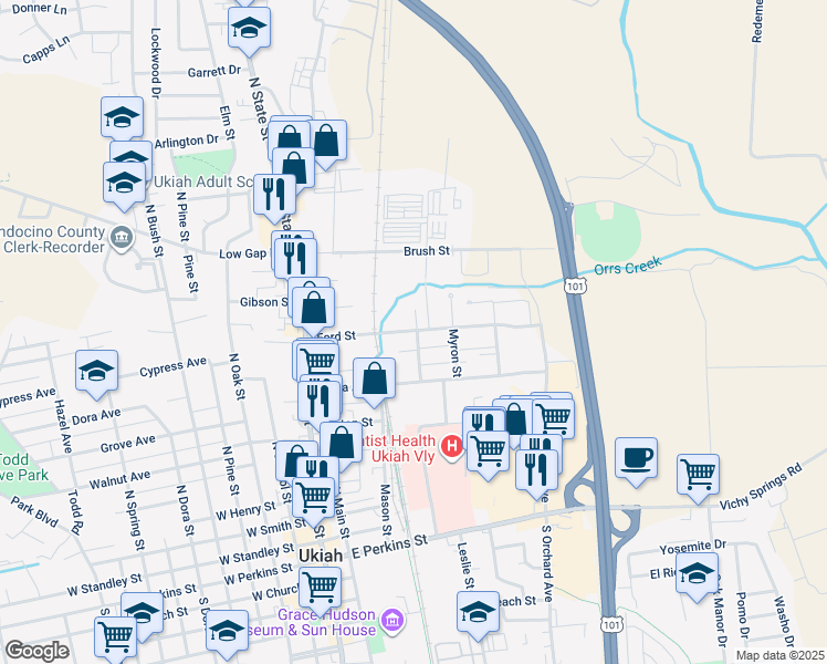 map of restaurants, bars, coffee shops, grocery stores, and more near 216 Ford Street in Ukiah