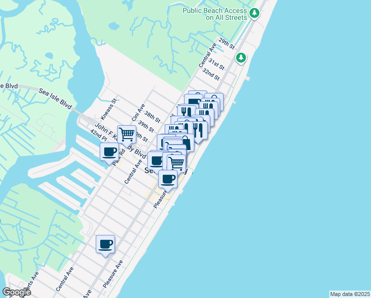 map of restaurants, bars, coffee shops, grocery stores, and more near 3801 Landis Avenue in Sea Isle City