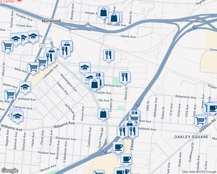 map of restaurants, bars, coffee shops, grocery stores, and more near 2442 Robertson Avenue in Cincinnati