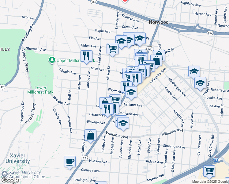 map of restaurants, bars, coffee shops, grocery stores, and more near 2026 Weyer Avenue in Cincinnati