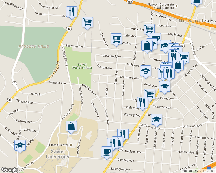 map of restaurants, bars, coffee shops, grocery stores, and more near 1800 Weyer Avenue in Cincinnati