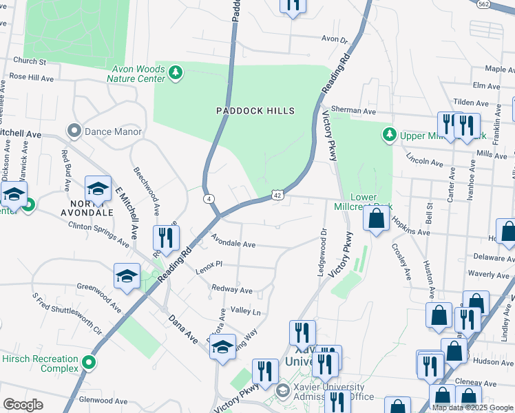 map of restaurants, bars, coffee shops, grocery stores, and more near 4068 Reading Road in Cincinnati