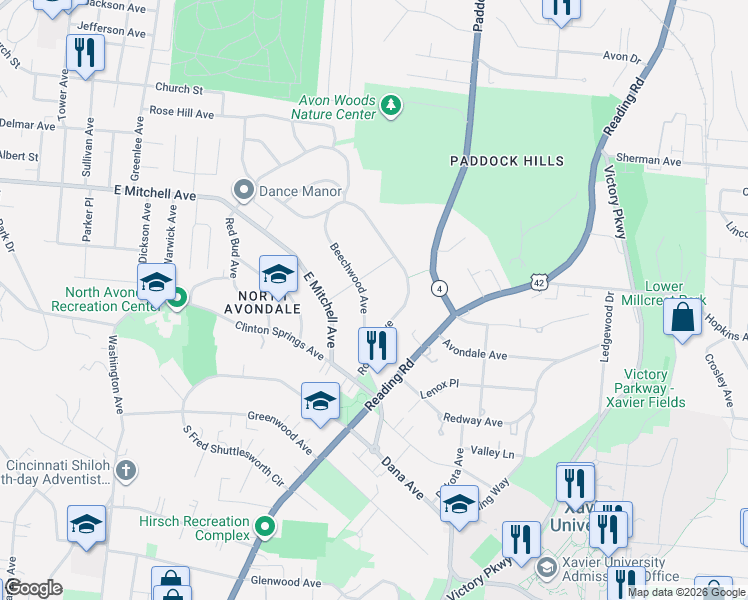 map of restaurants, bars, coffee shops, grocery stores, and more near 4000 Beechwood Avenue in Cincinnati