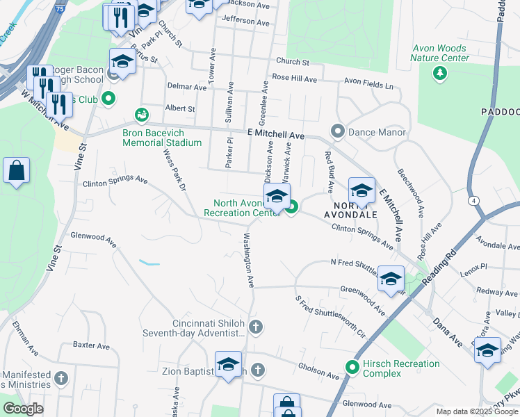 map of restaurants, bars, coffee shops, grocery stores, and more near 3913 Dickson Avenue in Cincinnati