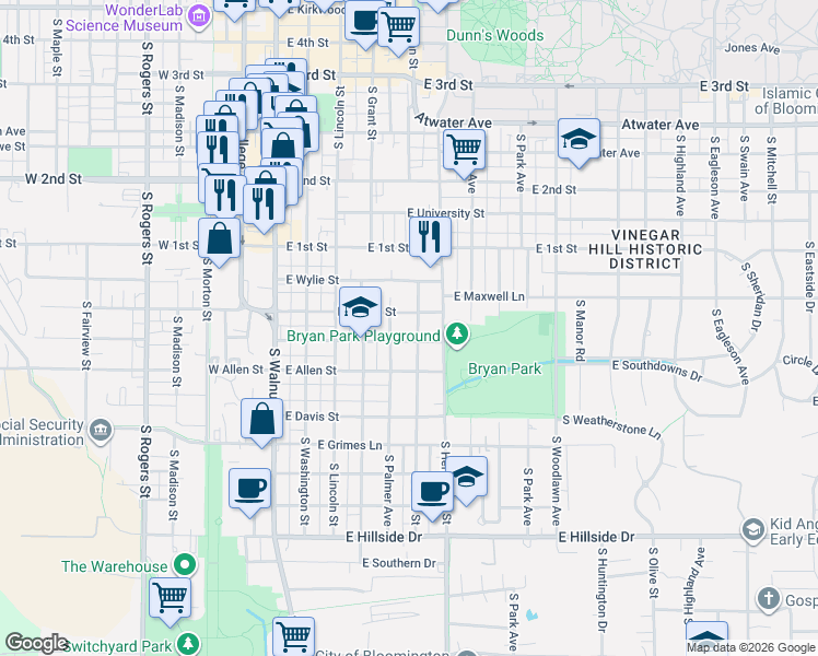 map of restaurants, bars, coffee shops, grocery stores, and more near 421 East Dodds Street in Bloomington