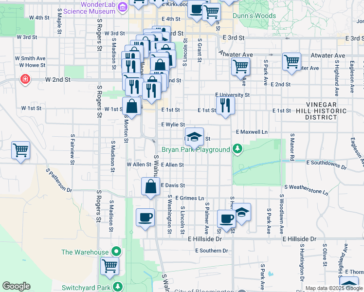 map of restaurants, bars, coffee shops, grocery stores, and more near 729 South Washington Street in Bloomington