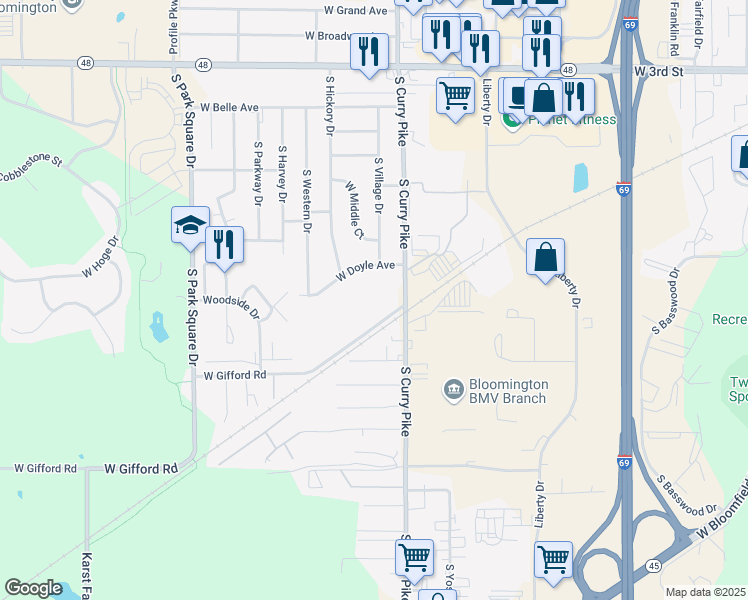 map of restaurants, bars, coffee shops, grocery stores, and more near 4101-4199 W Doyle Ave in Bloomington