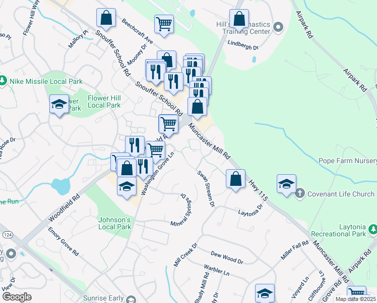 map of restaurants, bars, coffee shops, grocery stores, and more near 18327 Ivy Oak Terrace in Gaithersburg