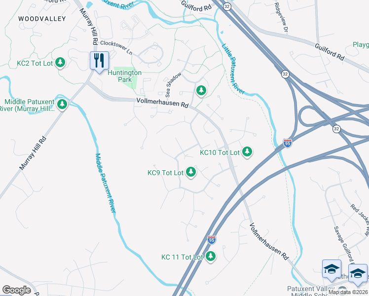 map of restaurants, bars, coffee shops, grocery stores, and more near 9500 Windbeat Way in Columbia