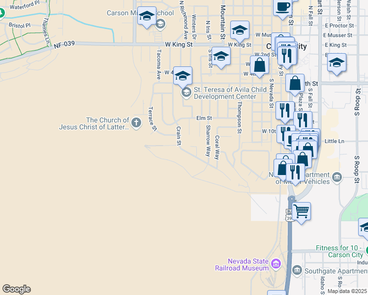 map of restaurants, bars, coffee shops, grocery stores, and more near 1001 Crain Street in Carson City