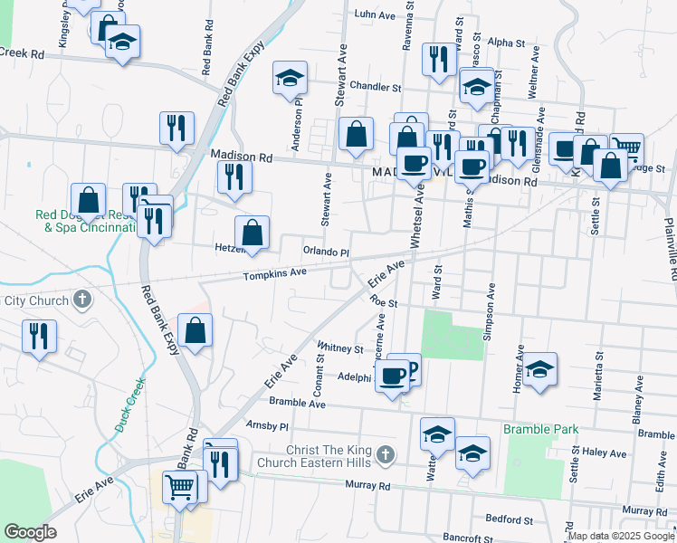 map of restaurants, bars, coffee shops, grocery stores, and more near 5609 Tompkins Avenue in Cincinnati