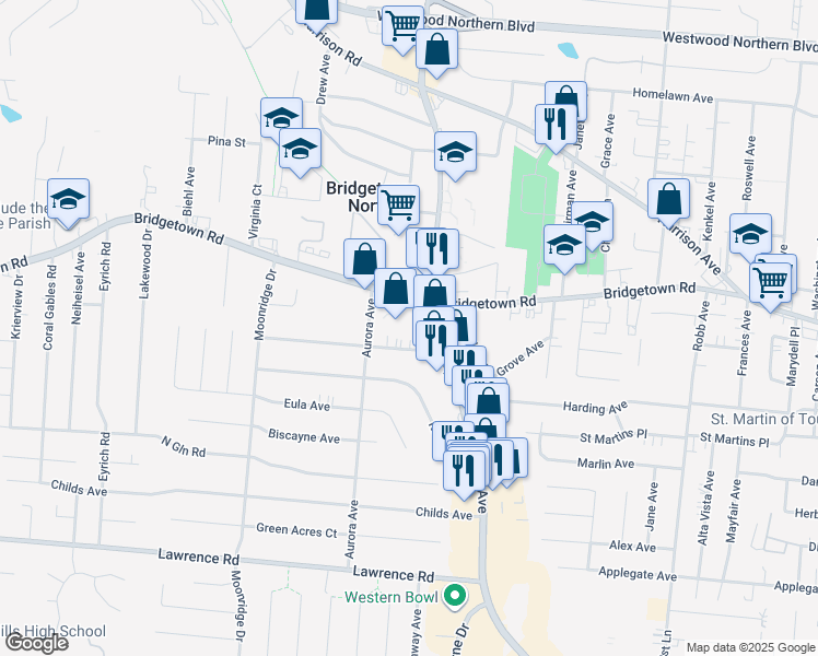 map of restaurants, bars, coffee shops, grocery stores, and more near 5501 Bridgetown Road in Cincinnati