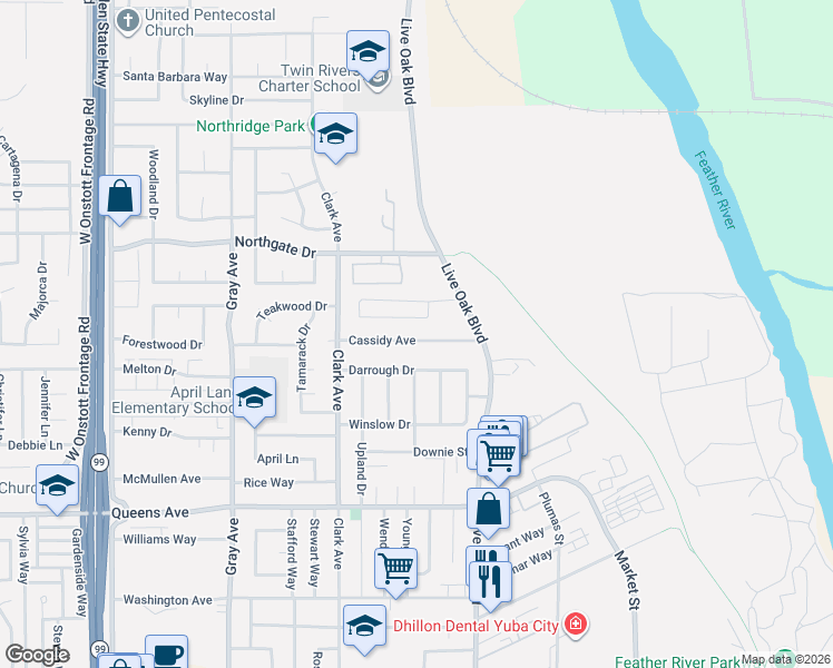 map of restaurants, bars, coffee shops, grocery stores, and more near 591 Cassidy Avenue in Yuba City