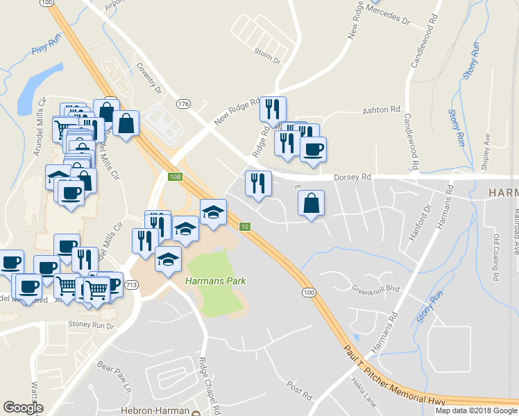 map of restaurants, bars, coffee shops, grocery stores, and more near 7541 Moraine Drive in Hanover