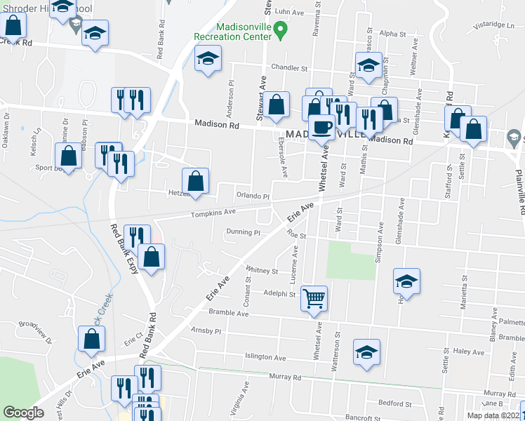 map of restaurants, bars, coffee shops, grocery stores, and more near 5619 Orlando Place in Cincinnati