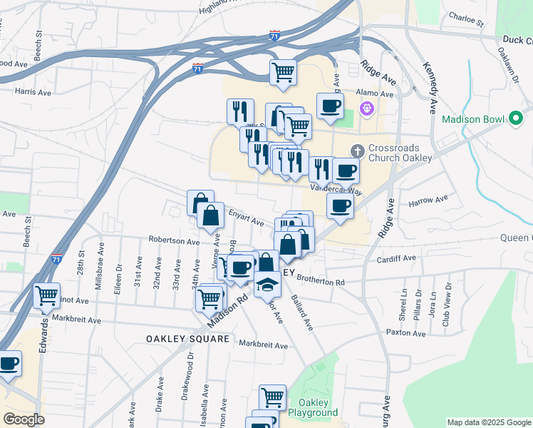 map of restaurants, bars, coffee shops, grocery stores, and more near 3210 Oakley Station Boulevard in Cincinnati