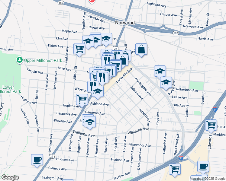 map of restaurants, bars, coffee shops, grocery stores, and more near 4438 Lafayette Avenue in Cincinnati